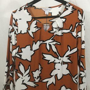 * liz claiborne XL dressy blouse, rust color w/bl & white pattern, new w/tags